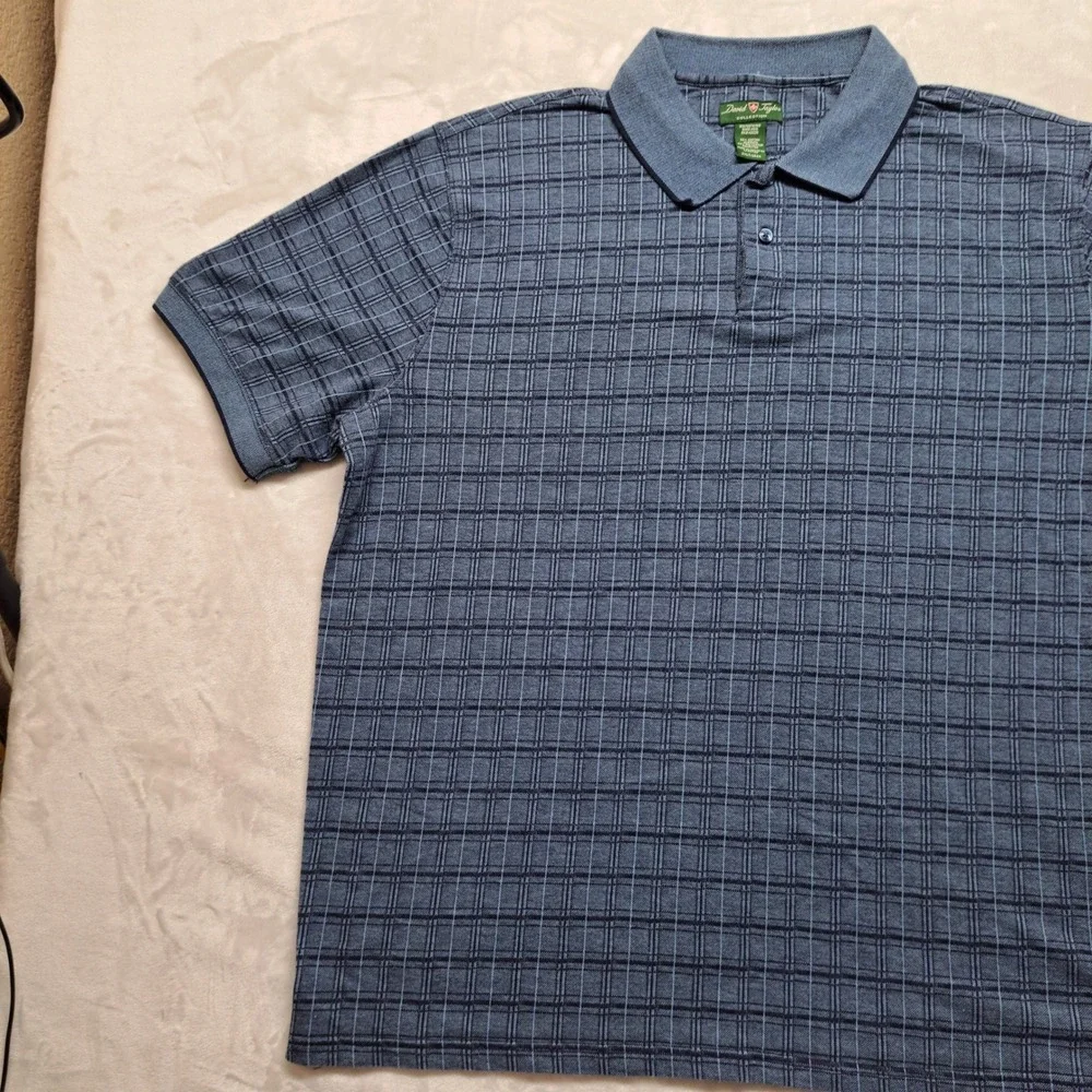David Taylor Polo Shirt Mens 2XLT Blue Good Grid Pattern Short Sleeve Tall